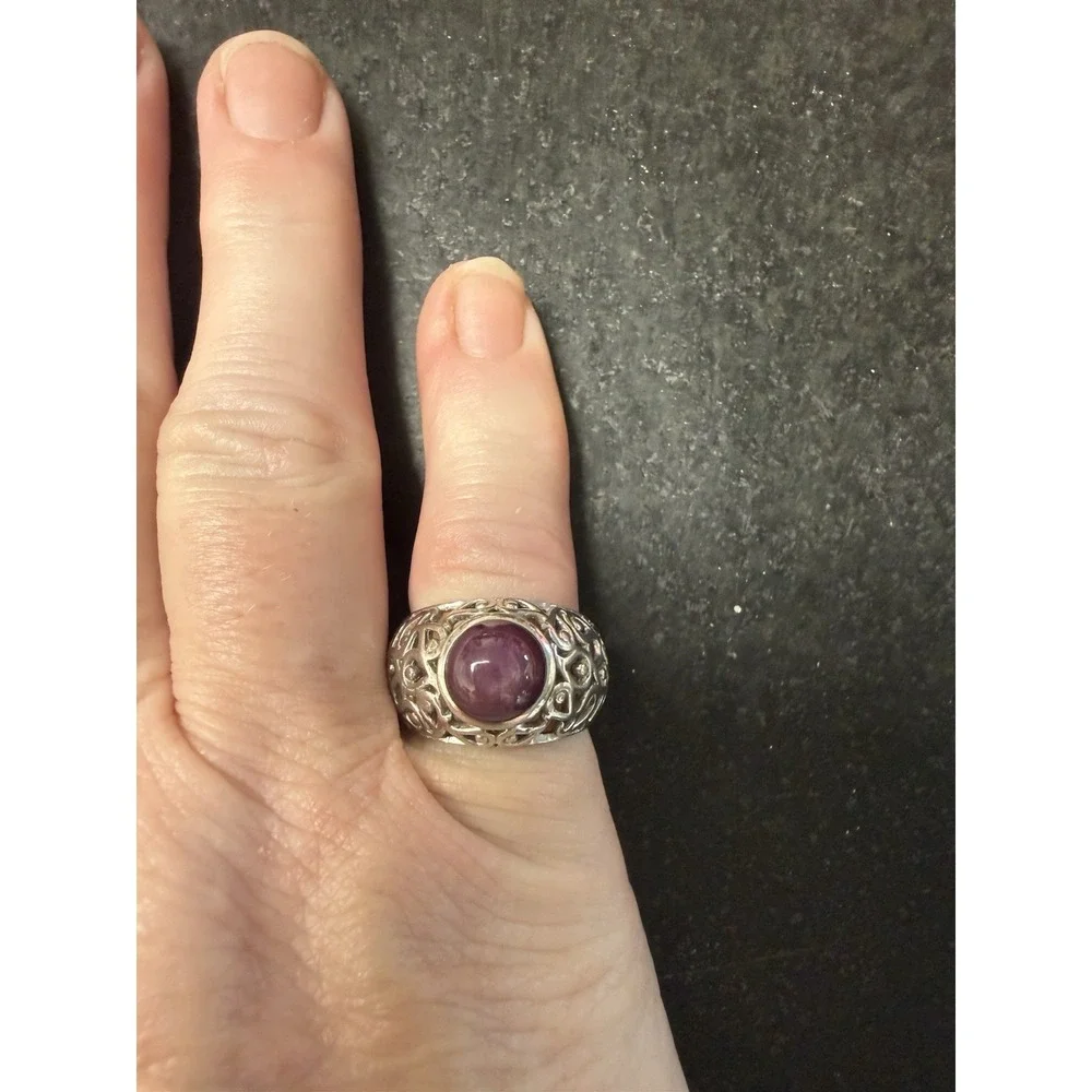 Vintage KNR 925 Sterling Silver India Red Cabochon Gemstone Ring Size 5